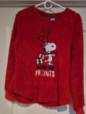 Peanuts Red Fuzzy Holiday Pullover with Green Trim